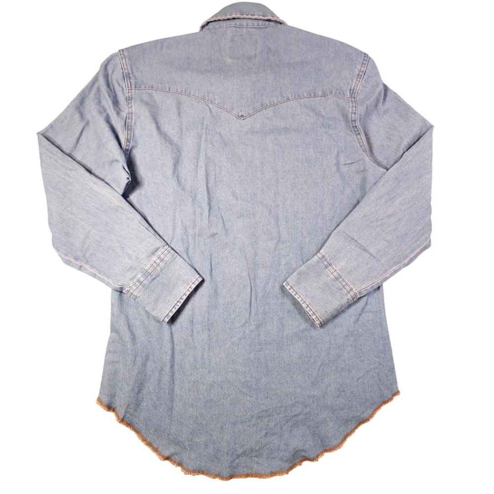Wrangler Mens Blue Denim Pearl Snap Western Shirt Raw Hem Light Wash Medium 0124 - Picture 2 of 8